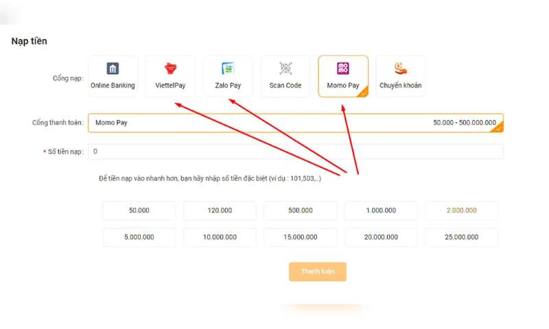 Nạp tiền với nhiều hình thức phong phú khác nhau tùy lựa chọn